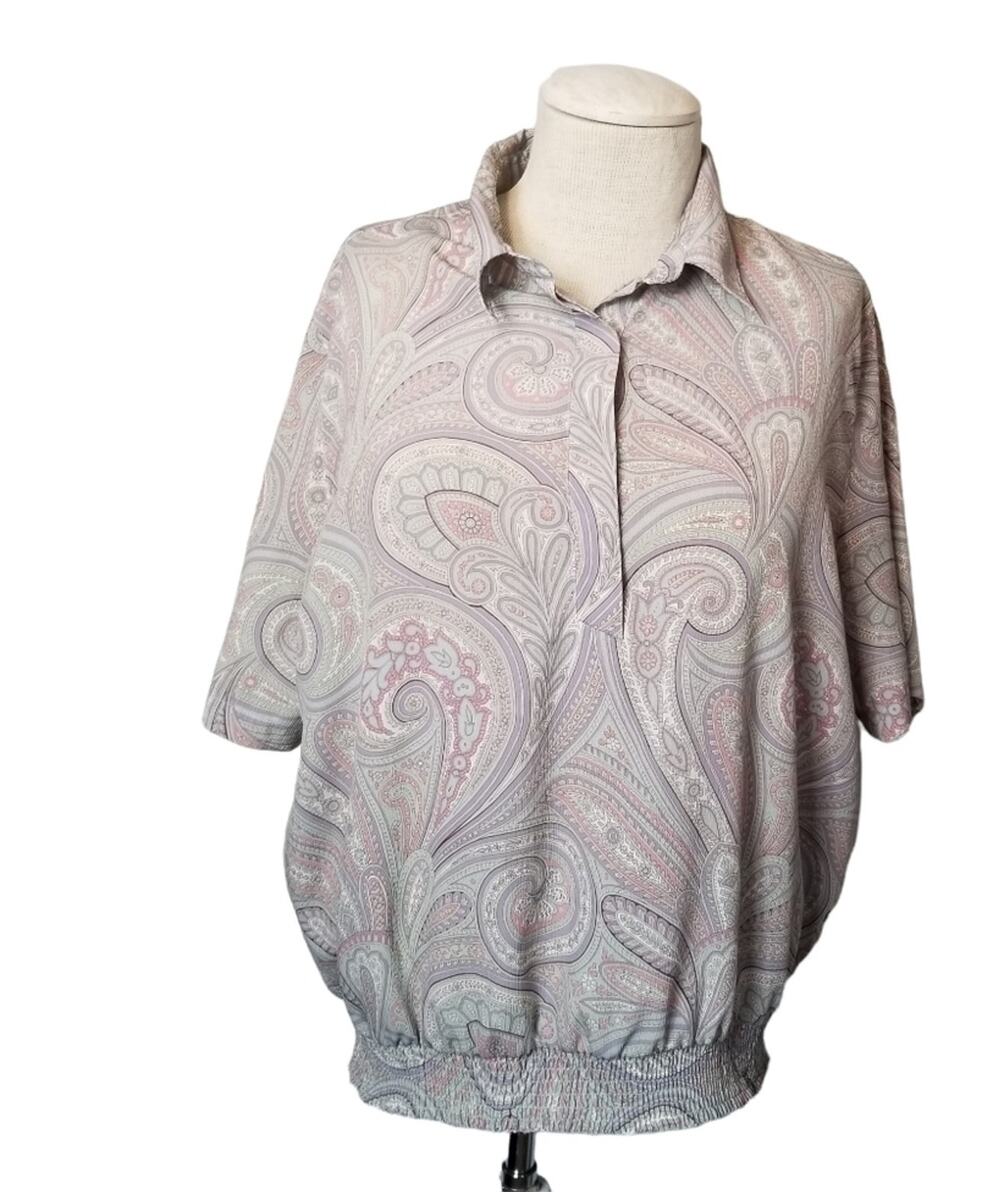 Alfred Dunner SZ 24W Blouse Vintage Green Pink Purple Polyester Short Sleeve